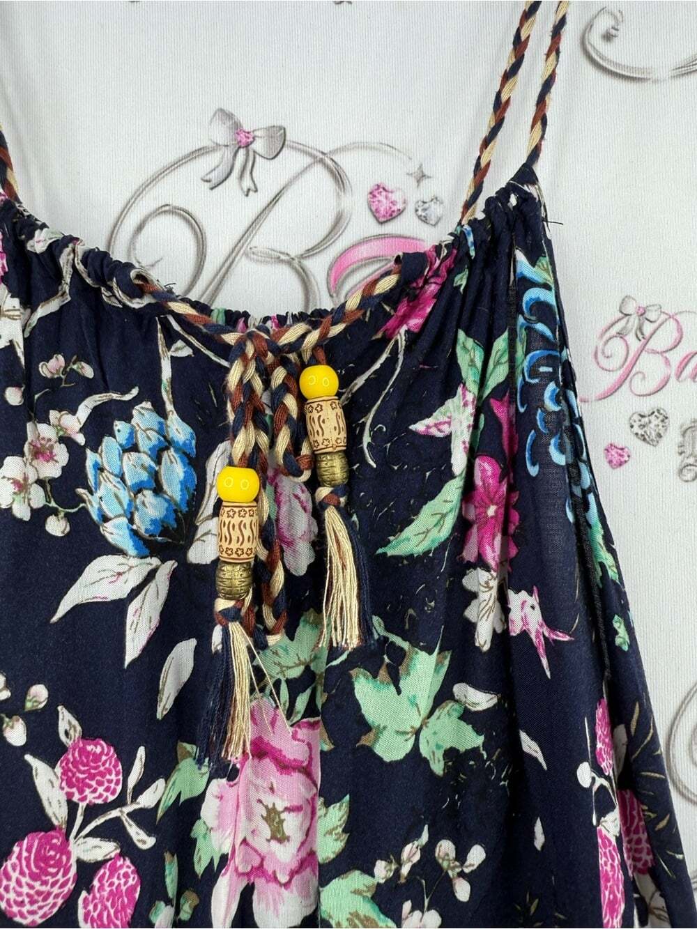 Dress long flowy braided Bohemian Floral Maxi Dress with Border Hem - Navy - Picture 7 of 16